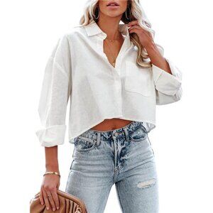 Cotton Long Sleeve Button Down Crop Shirt | Casual Collared Blouse with Pocket